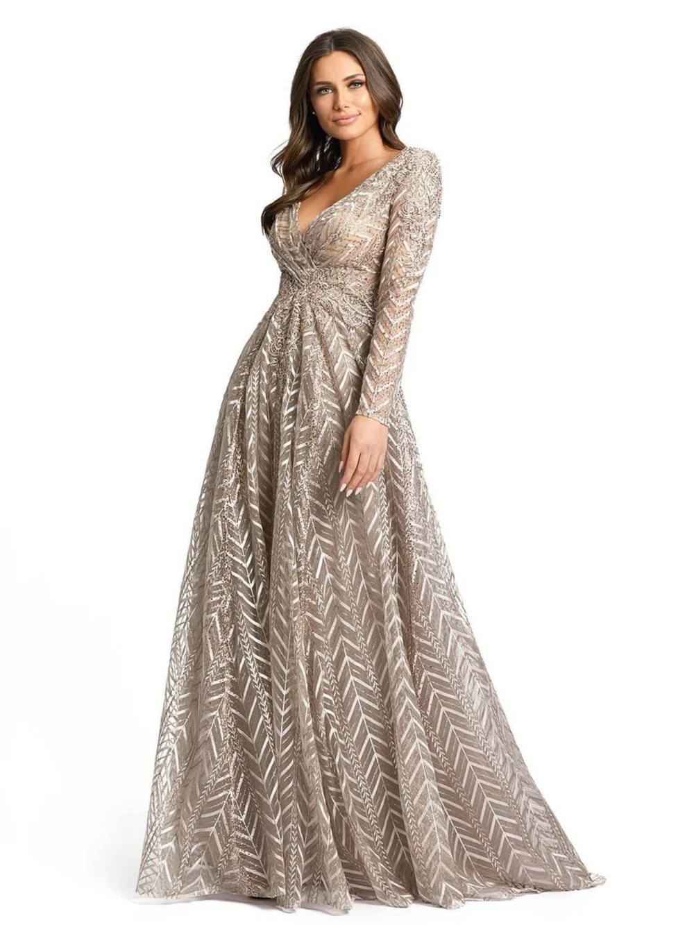 Long Sleeve Taupe Sequin Evening Lace Gown (Mother Groom/Bride,Beauty Queen)